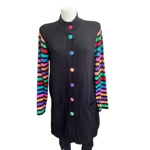 Bob Mackie Wearable Art Black Long Knit Cardigan Rainbow Accents Medium‎ Vintage